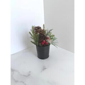 Elegant Faux Pinecone Fern Arrangement in Black Pot Mini Christmas Holiday Decor